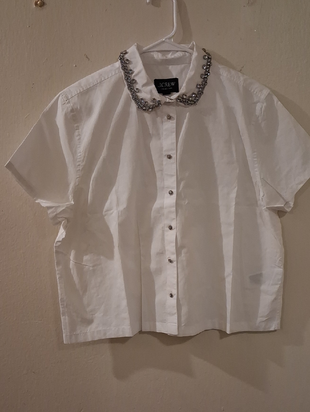 J. Crew White Short-Sleeve Button-Down Shirt with Jeweled Collar